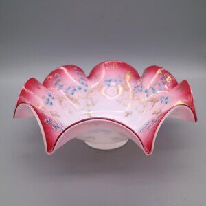 Antique Victorian Brides Basket Bowl Cranberry Pink White Cased Glass w/ Ruffles